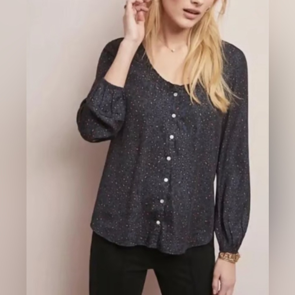 Anthropologie Dolan Marilyn Leopard‎ Print Navy Blue Button Front Blouse